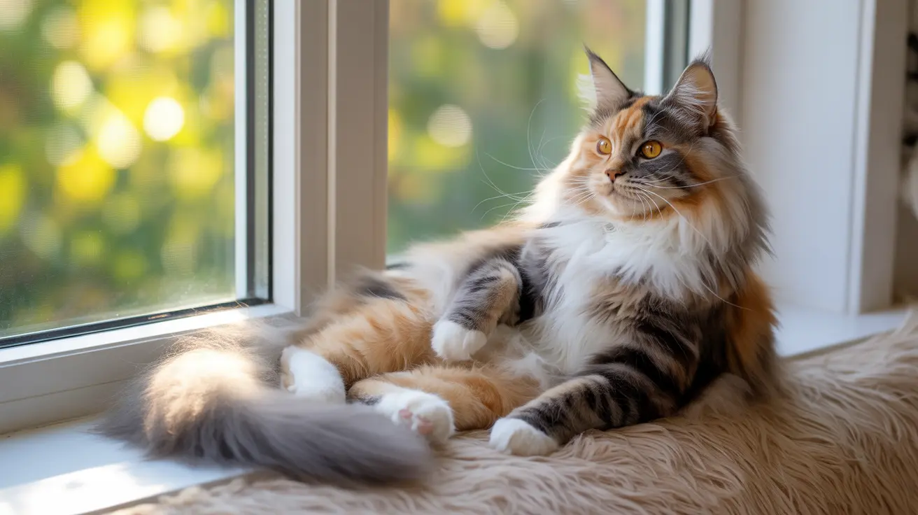 A beautiful Maine Coon cat lounging by a sunlit window