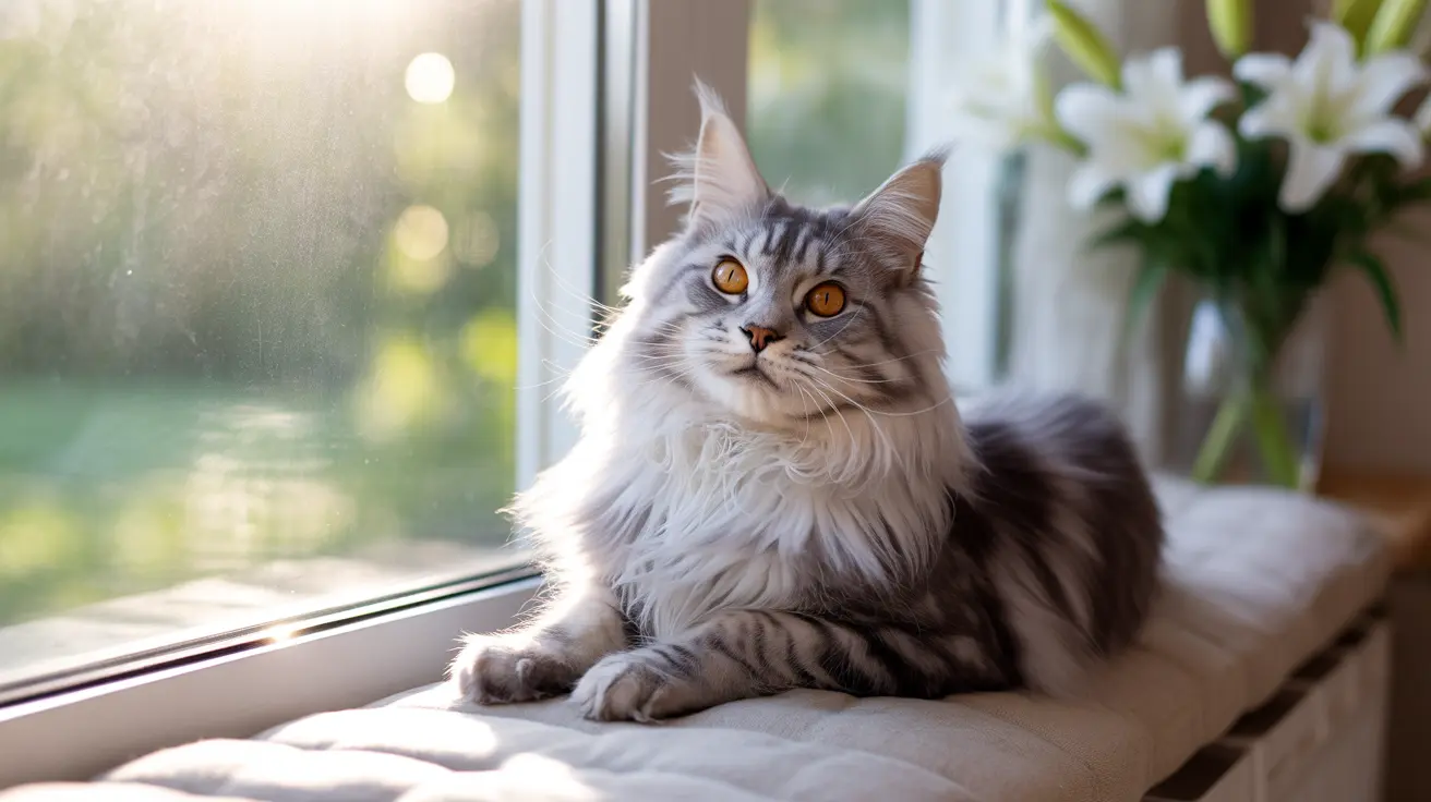 Un majestuoso gato Maine Coon plateado y blanco sentado elegantemente junto a una ventana bañada por el sol