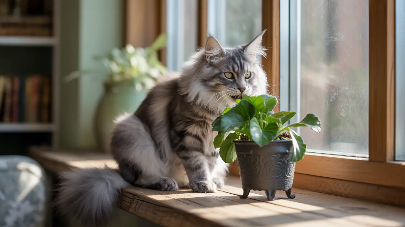 A fluffy Maine Coon cat sitting near a potted plant by a sunlit window