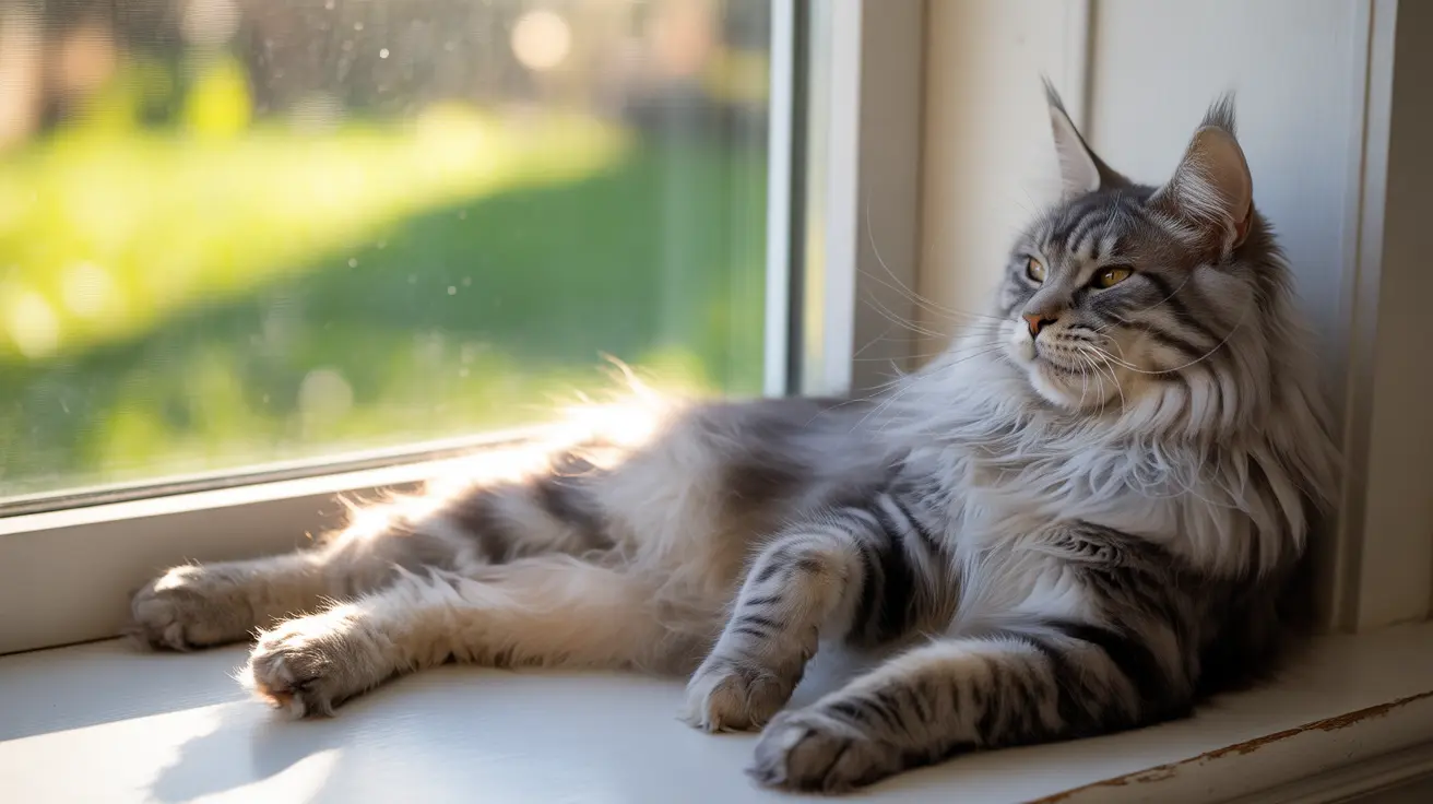 A majestic Maine Coon cat lounging elegantly on a windowsill, bathed in soft sunlight