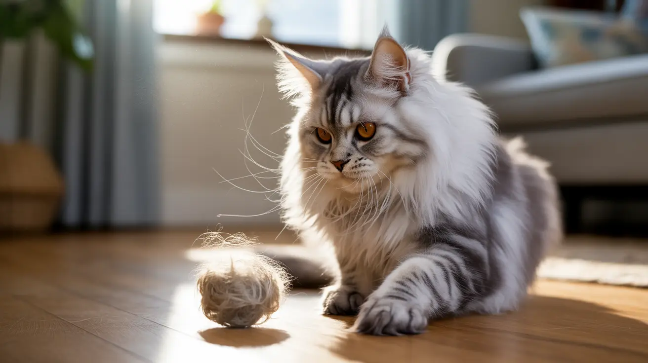 A majestic Maine Coon cat sitting near a furry ball on a sunlit wooden floor
