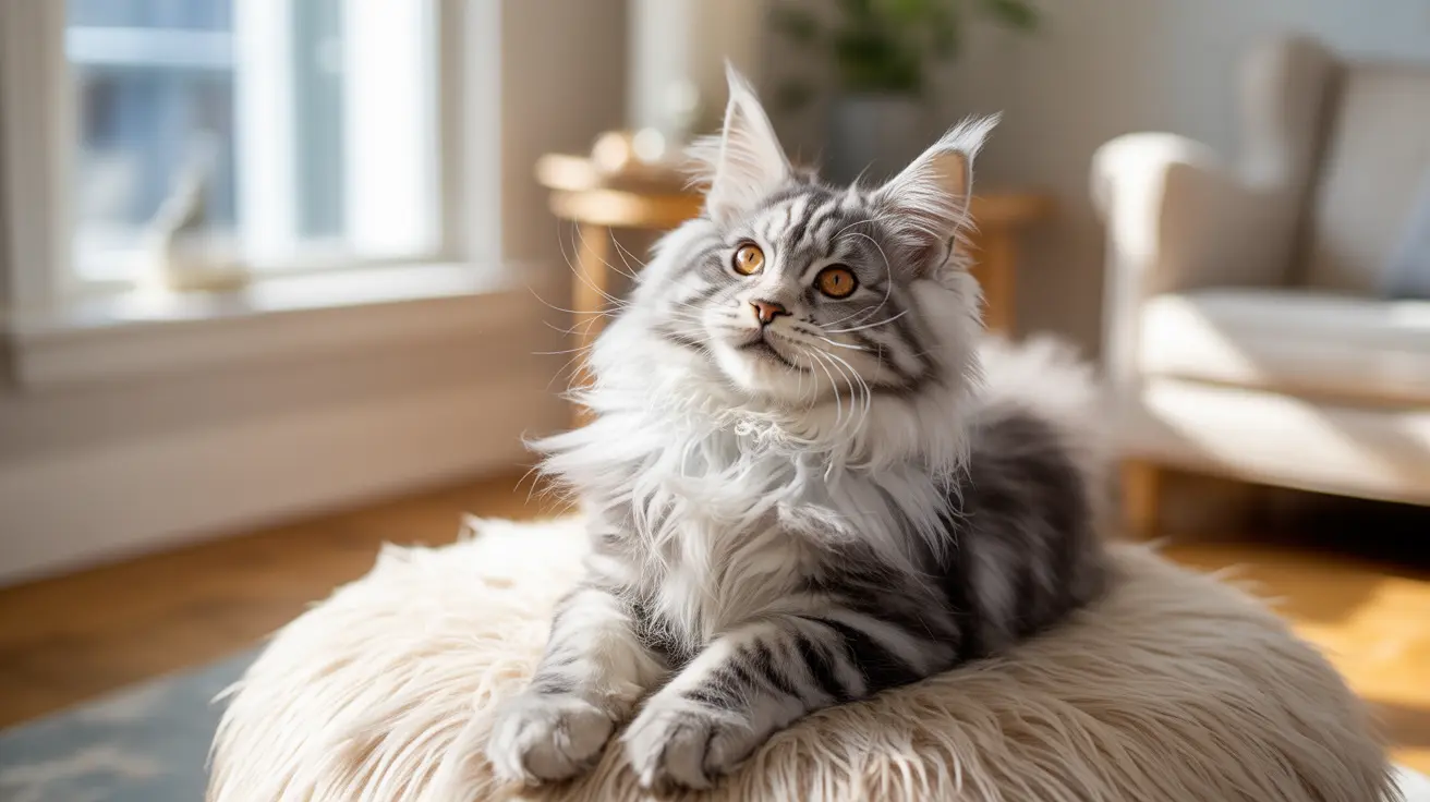 Majestic Maine Coon cat sitting elegantly on a fluffy white cushion near a sunny window