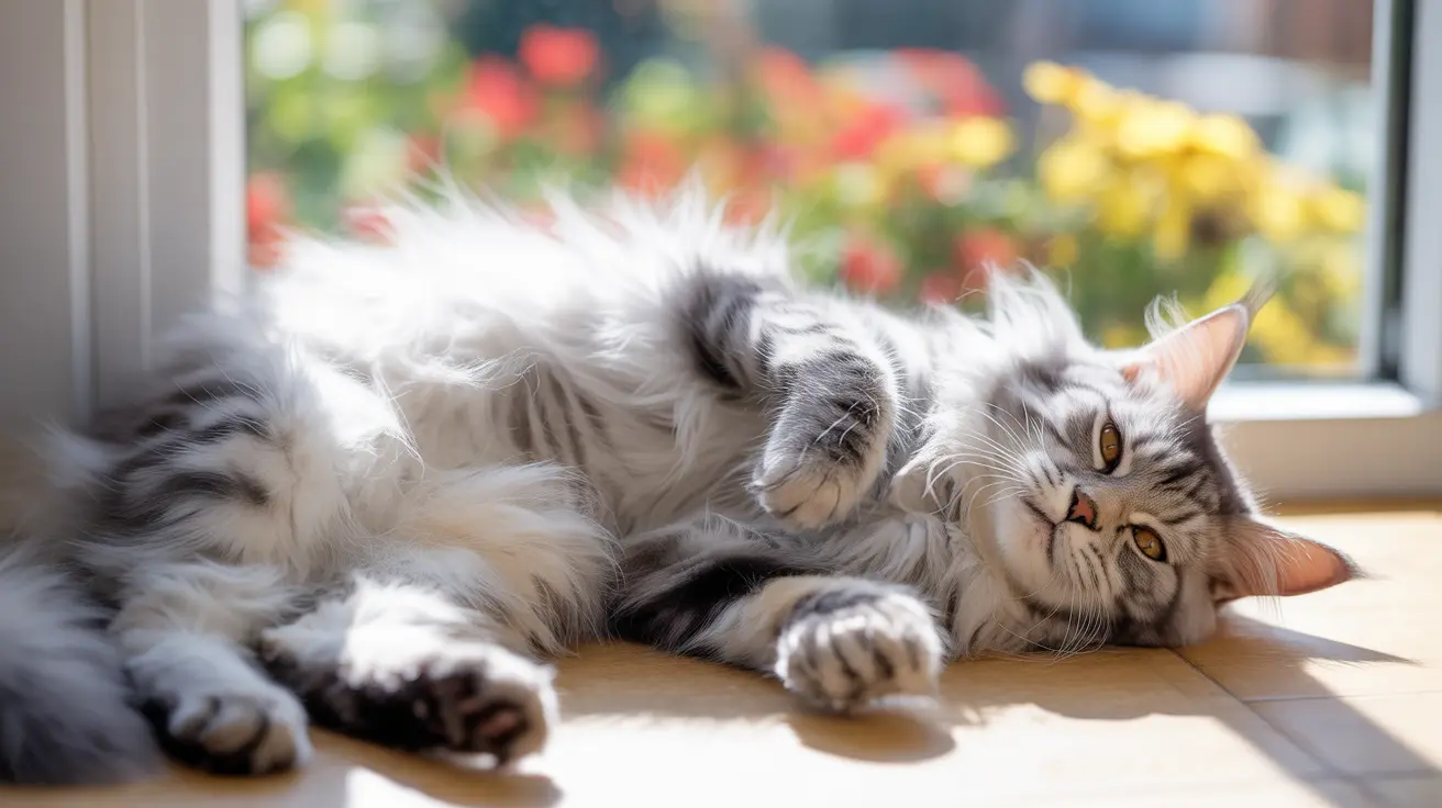 Fluffy silver and white Maine Coon cat lounging lazily by a sunlit window