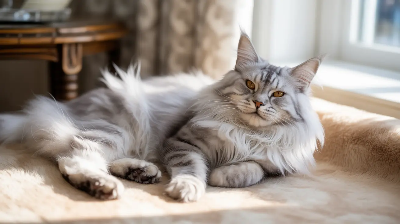 A fluffy silver and white Maine Coon cat lounging peacefully near a sunny window