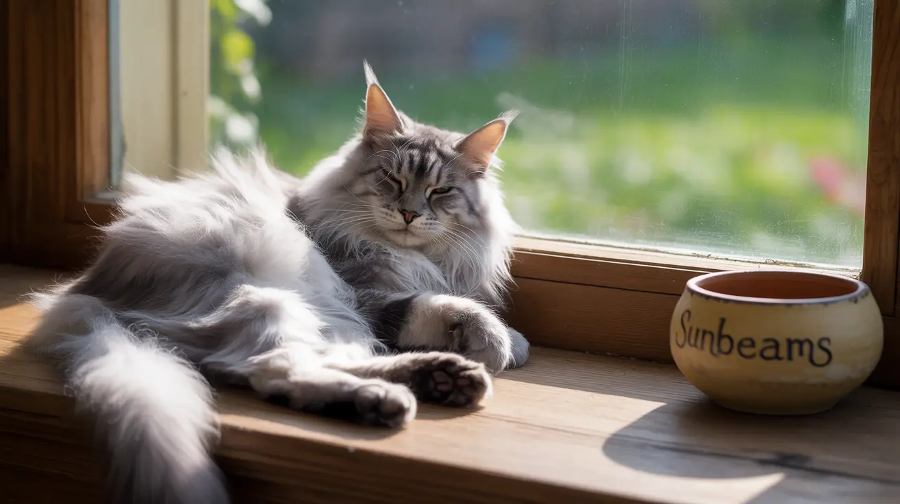 Um gato Maine Coon fofinho descansando contente perto de uma janela ensolarada
