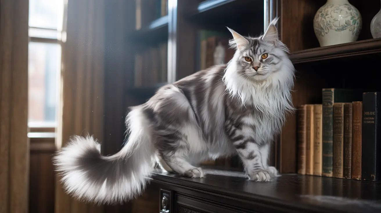 A majestic silver and white Maine Coon cat standing on a dark wooden surface near a bookshelf and window