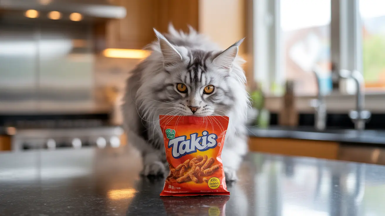 Un gato Maine Coon atigrado plateado y esponjoso sentado al lado de una bolsa de papas Takis en una encimera de cocina