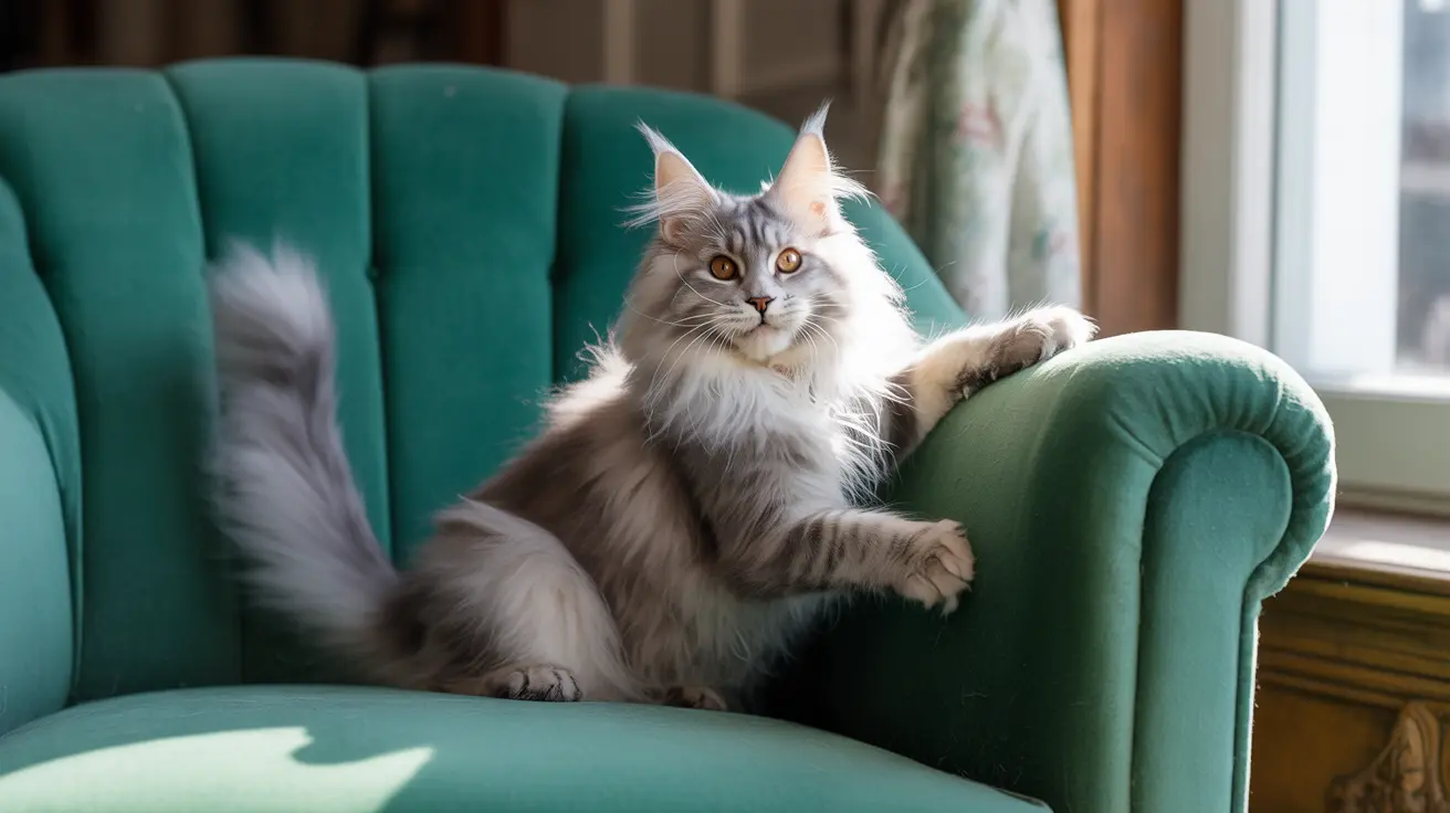 Fluffy Maine Coon cat sitting elegantly on a teal velvet armchair near a window