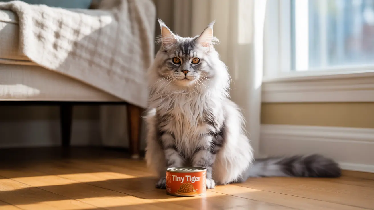 A majestic Maine Coon cat sitting beside a Tiny Tiger cat food can in a sunlit room