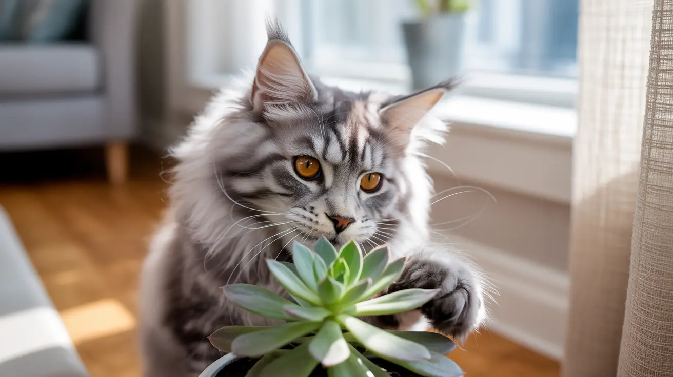 A fluffy gray and white Maine Coon cat gently touching a green succulent plant near a window