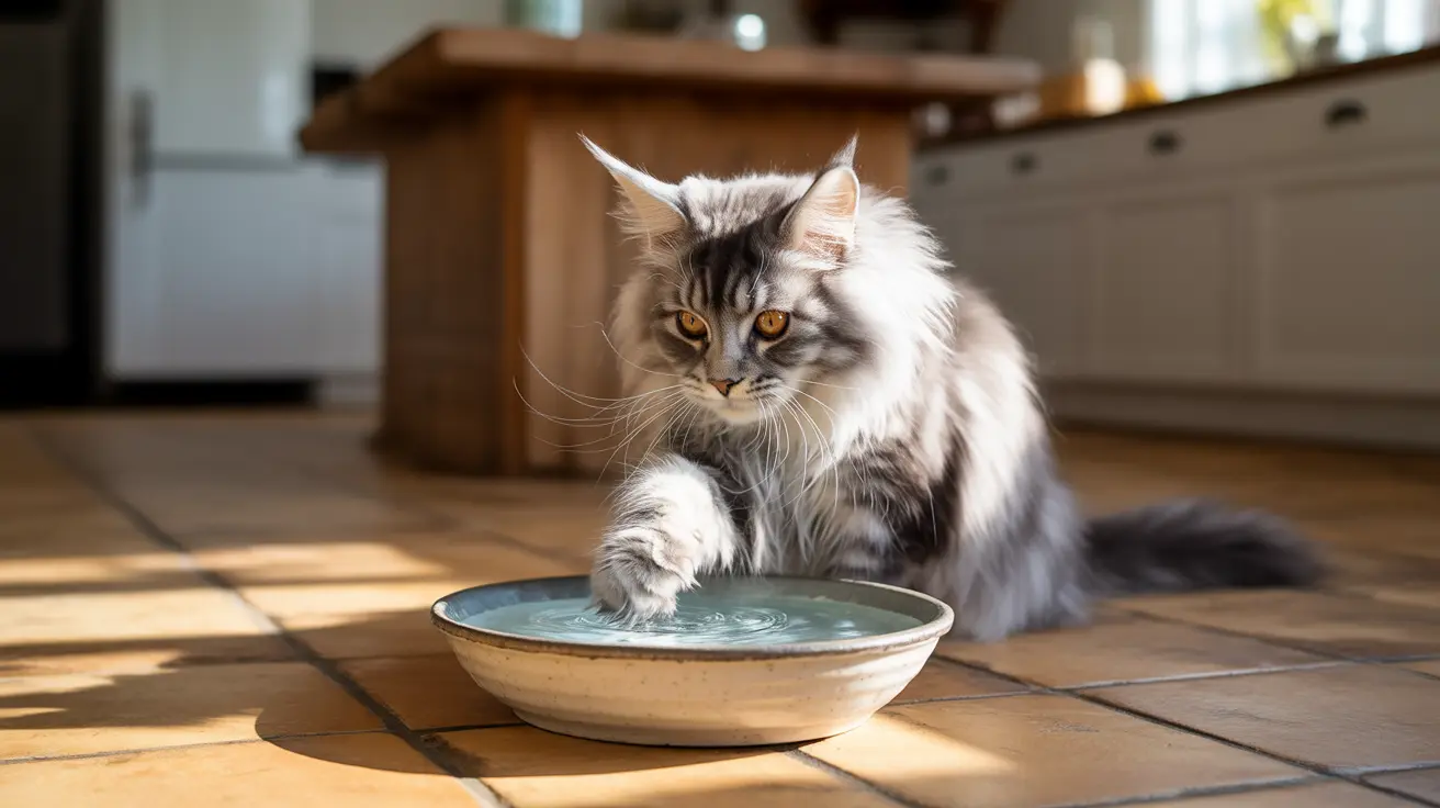 A fluffy Maine Coon cat delicately touching water in a ceramic bowl on a tiled kitchen floor