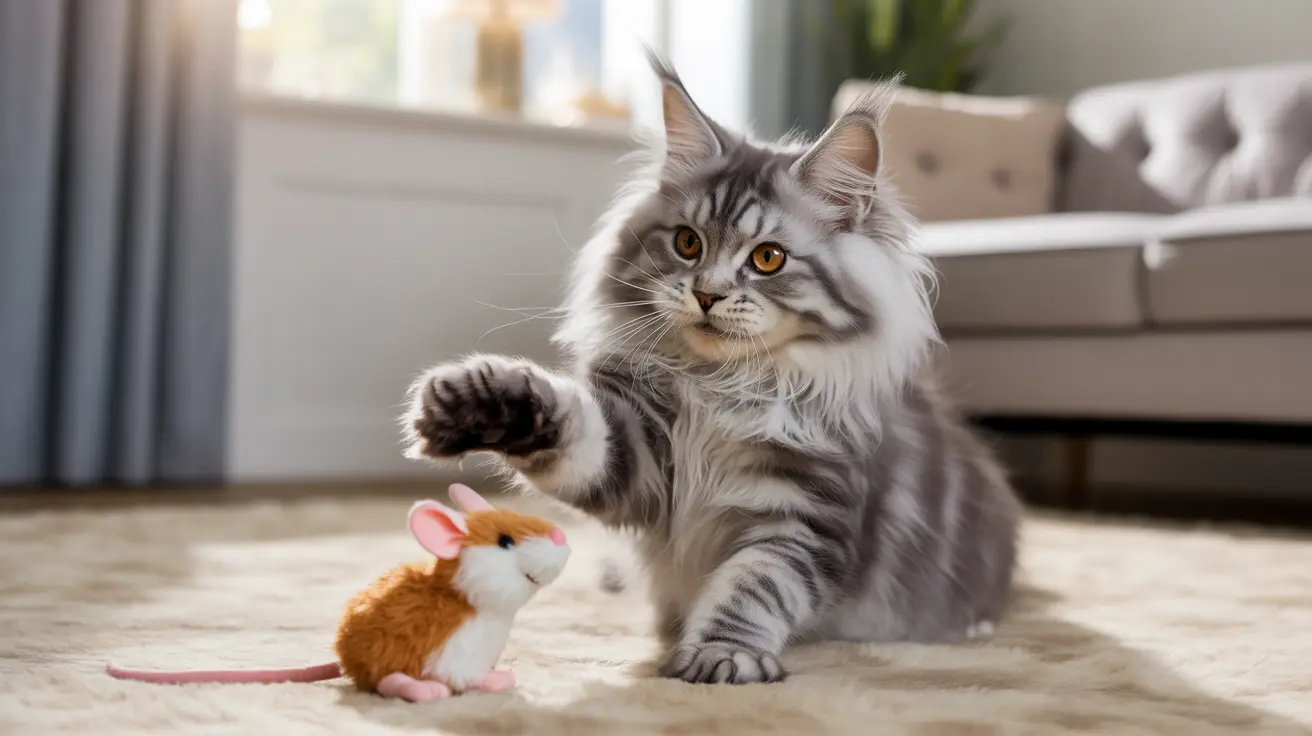 A fluffy Maine Coon cat playfully interacting with a small toy mouse on a soft carpet in a living room.