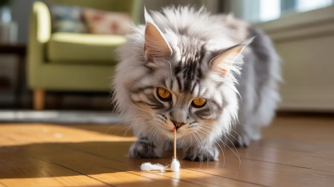 ふわふわとしたメインクーンの猫が木製の床で白い小さな猫用おもちゃで遊んでいる様子