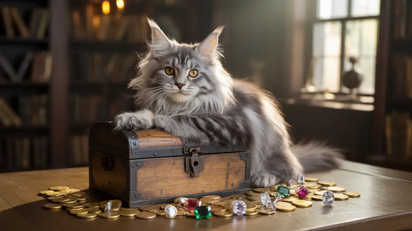 Um majestoso gato Maine Coon sentado sobre um baú de tesouro de madeira vintage cercado por moedas de ouro e pedras preciosas.