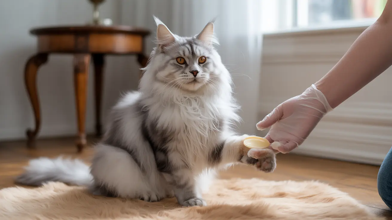 A fluffy white and gray Maine Coon cat receiving a treat from a gloved hand