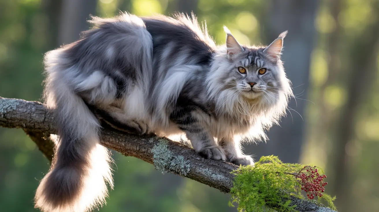 A majestic Maine Coon cat perched gracefully on a moss-covered tree branch in a sunlit forest setting