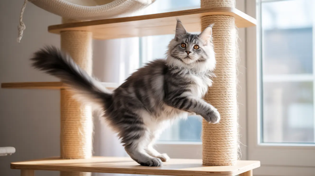 A fluffy gray and white Maine Coon cat playfully perched on a wooden cat tree, with one paw raised