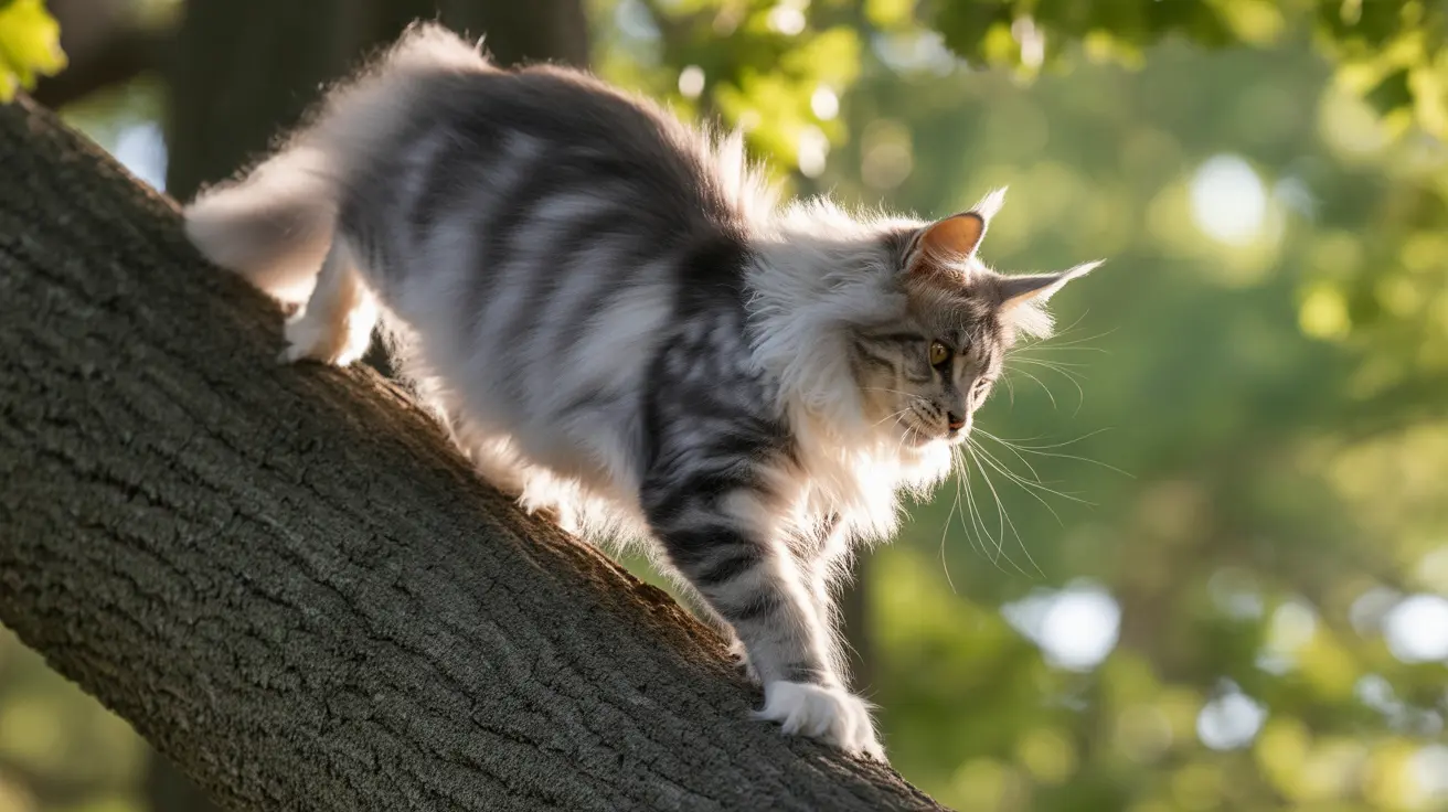 Um gato Maine Coon cinza e branco empoleirado em um galho de árvore sob uma luz suave e dappled