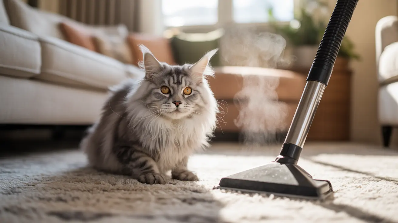 Maine Coon cat on beige carpet next to vacuum cleaner