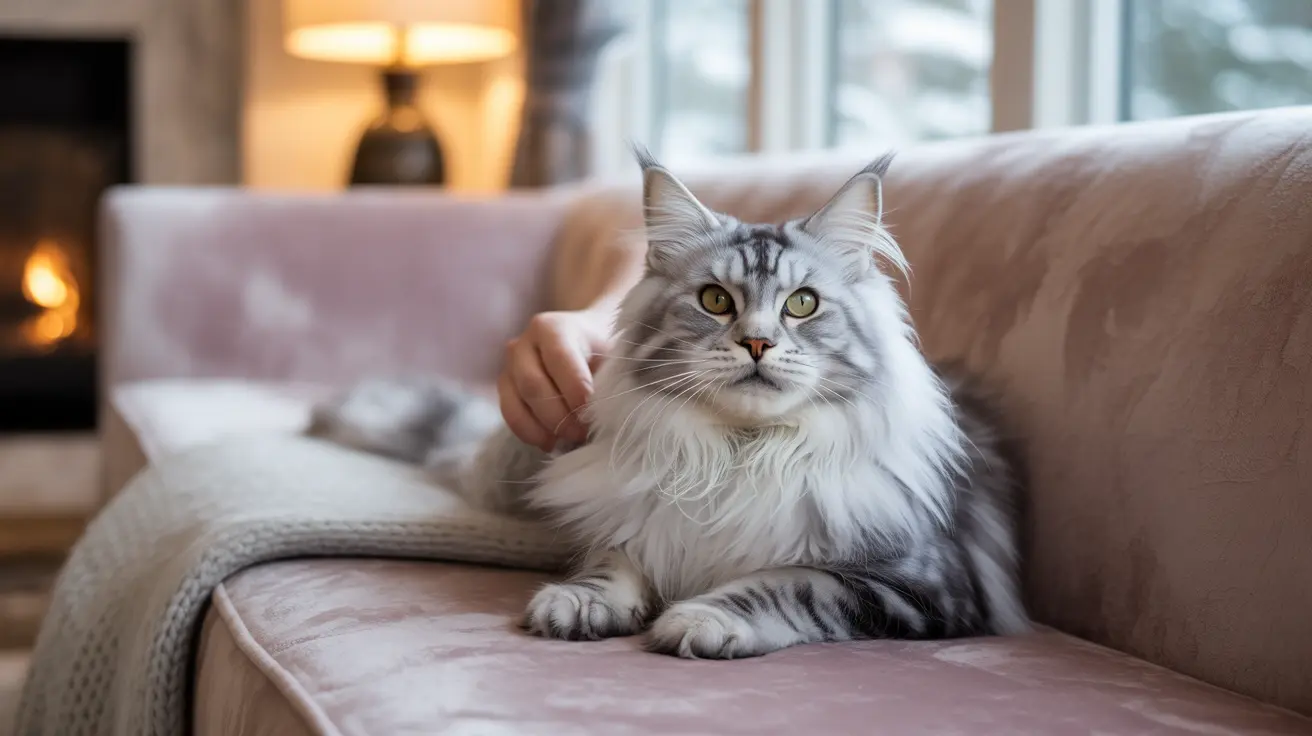 A majestic silver and white Maine Coon cat sitting regally on a pink velvet couch with a fireplace in the background