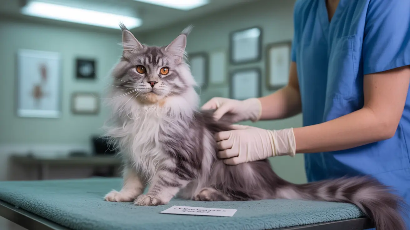 A fluffy, long-haired silver and white Maine Coon cat on an exam table