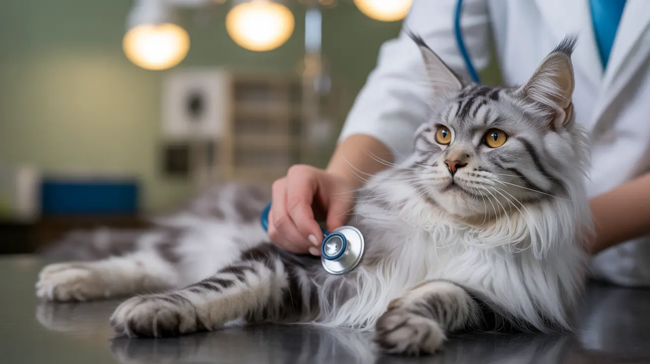 Un gato Maine Coon atigrado plateado y peludo recibiendo un examen veterinario