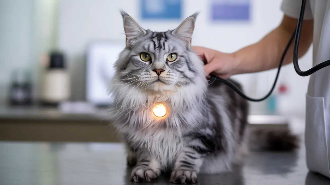 A fluffy silver tabby Maine Coon cat receiving a veterinary examination with a glowing light device on its chest.