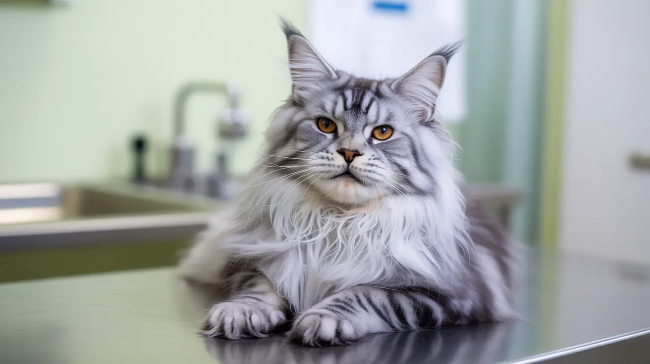 Maine Coon cat with silver tabby markings and tufted ears on veterinary exam table