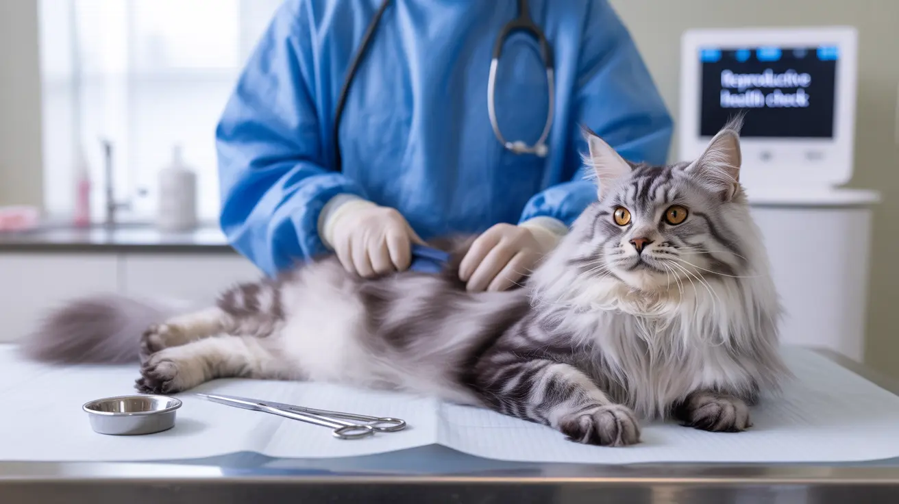 Fluffy gray and white Maine Coon cat on an examination table during a vet checkup