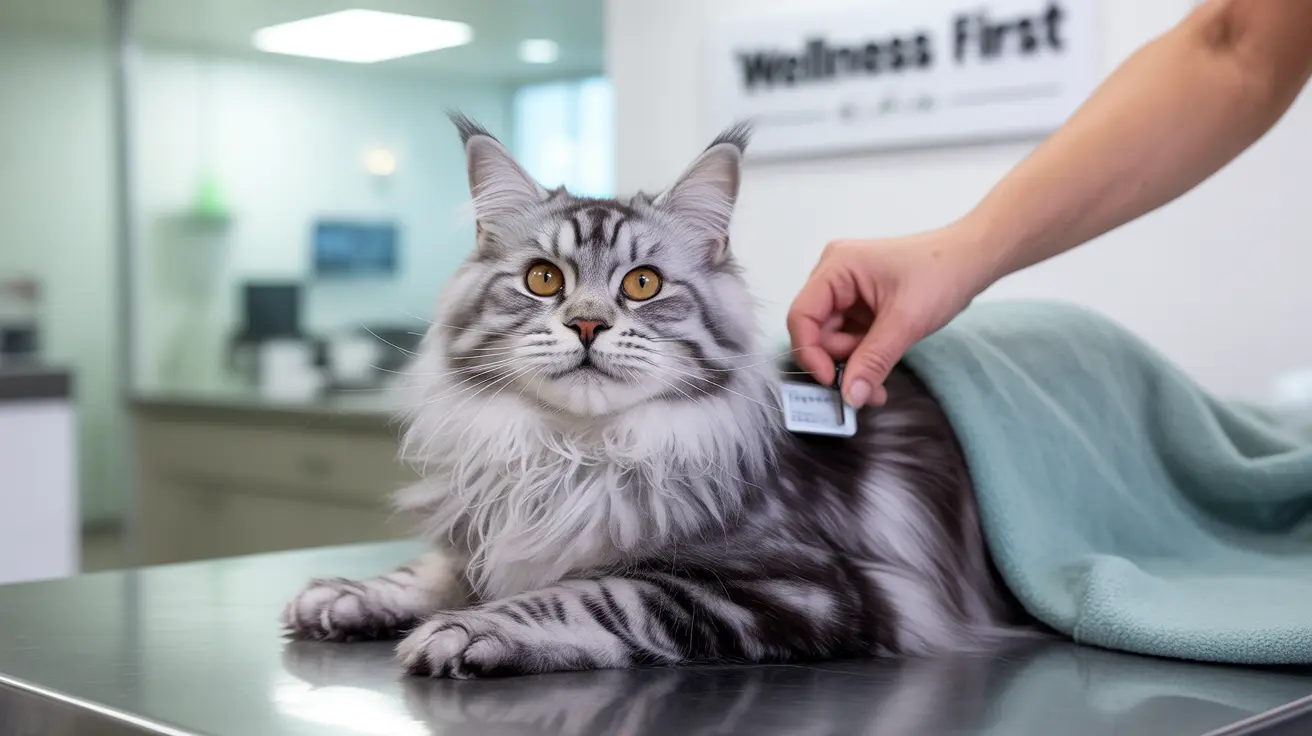 A large, fluffy silver tabby Maine Coon cat sitting on an examination table at a veterinary clinic