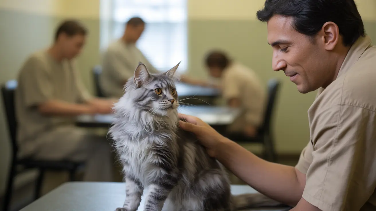 A fluffy gray and white Maine Coon cat being examined by a veterinarian in a clinical setting