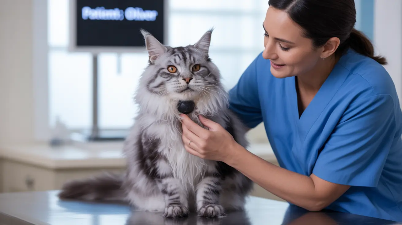 A fluffy gray and white Maine Coon cat being examined by a veterinary professional in a clinical setting