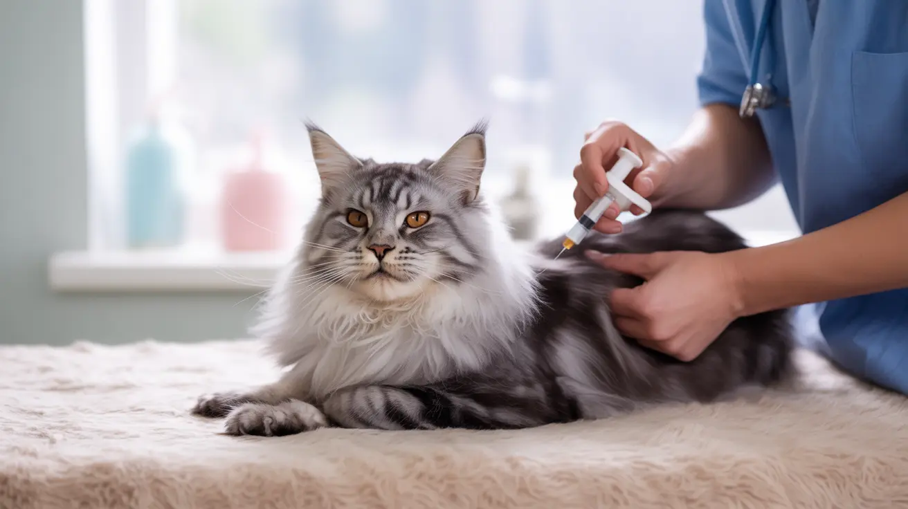 A fluffy gray and white Maine Coon cat receiving a medical injection from a veterinary professional