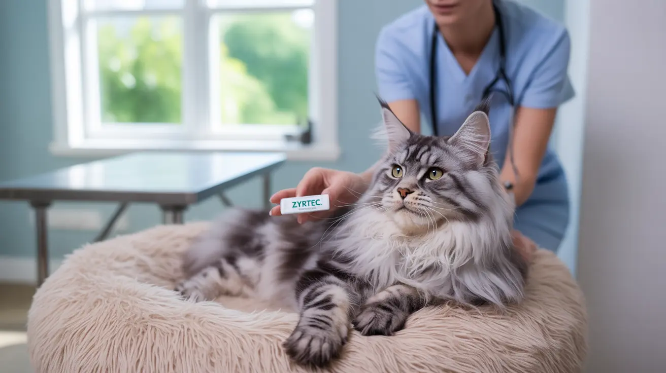 Large fluffy gray and white Maine Coon cat receiving medication from veterinary professional