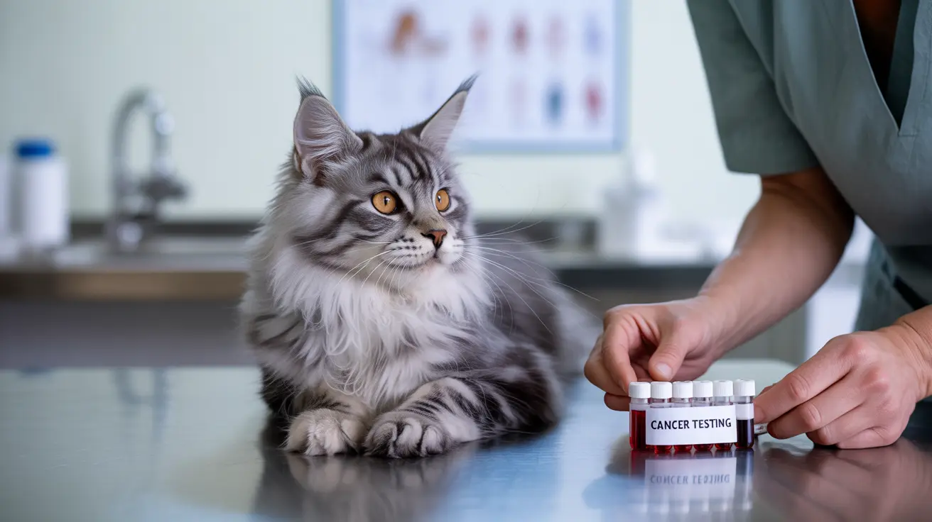 Fluffy Maine Coon cat sitting on a veterinary examination table with cancer testing samples nearby
