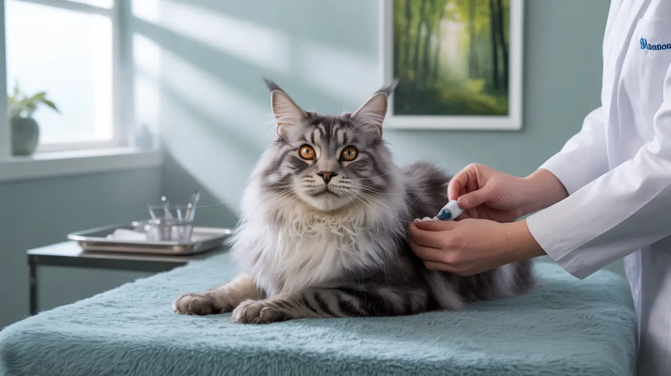 Un grand chat Maine Coon duveteux recevant des soins médicaux dans une clinique vétérinaire