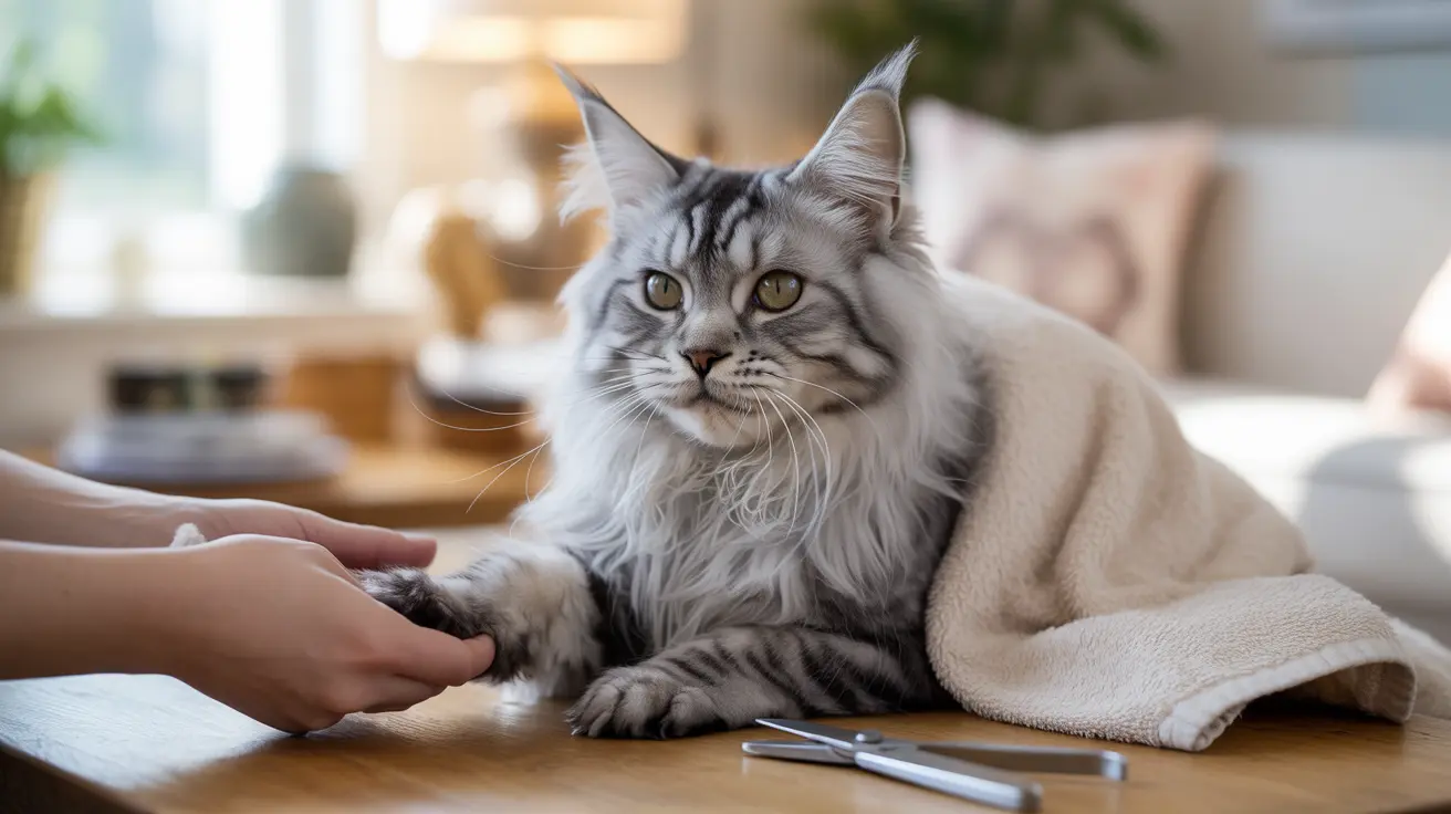 A majestic Maine Coon cat wrapped in a soft beige blanket receiving grooming care