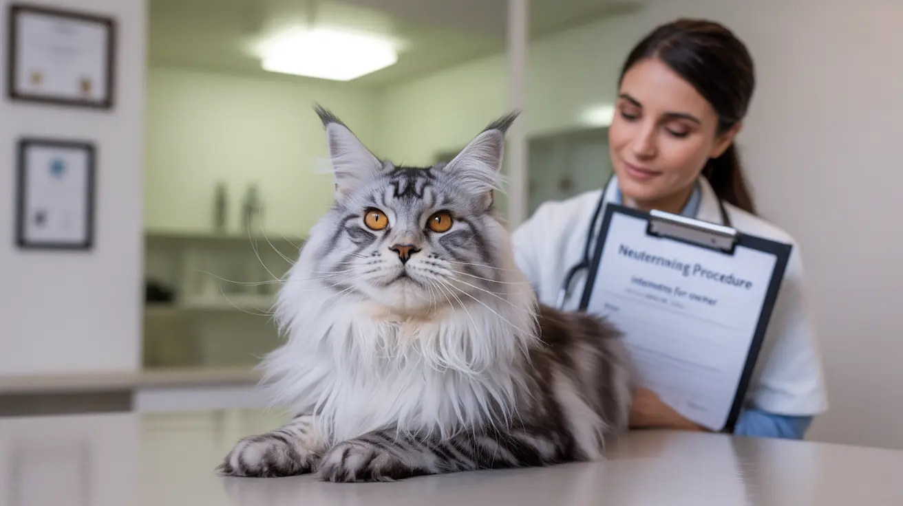 A large fluffy Maine Coon cat sitting on an examination table in a veterinary clinic with a veterinary professional nearby