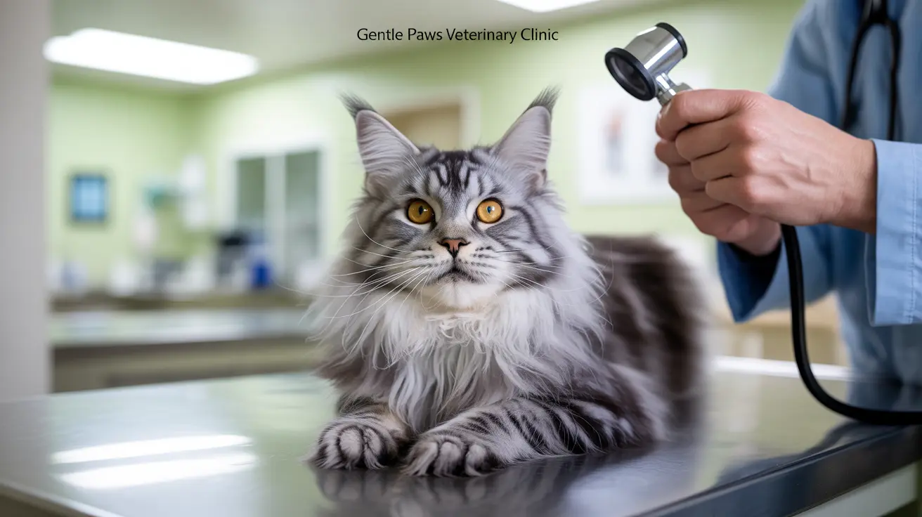 A majestic Maine Coon cat sitting calmly during a veterinary examination