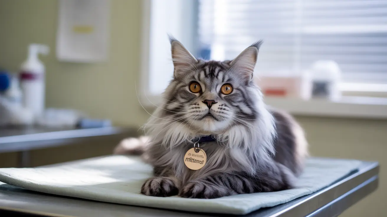Majestic Maine Coon cat sitting attentively on an examination table in a veterinary clinic