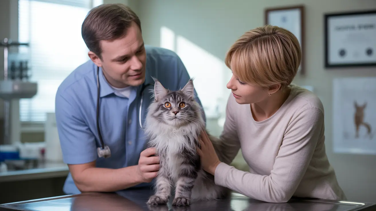 A fluffy gray and white Maine Coon cat sitting calmly during a veterinary examination