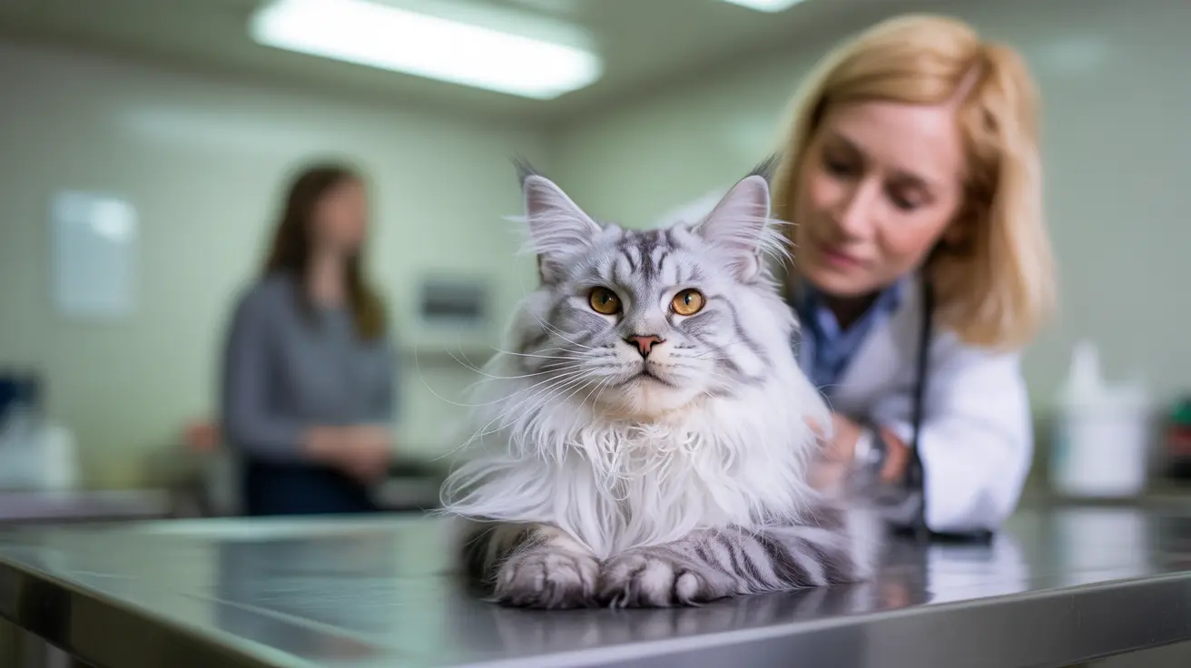 Maine Coon cat sitting calmly on a veterinary exam table during check-up