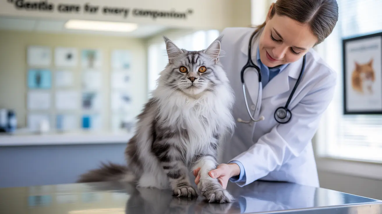A fluffy gray and white Maine Coon cat receiving a veterinary examination