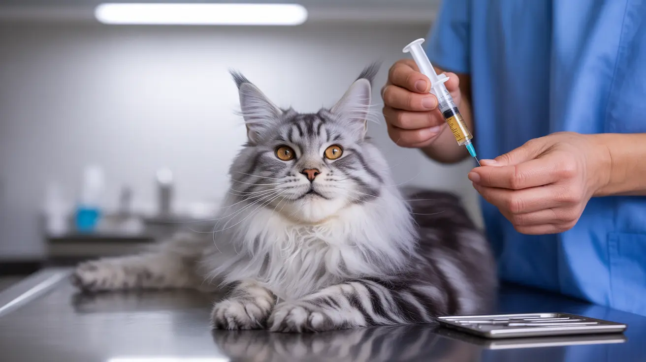 Large fluffy Maine Coon cat receiving medical injection at veterinary clinic