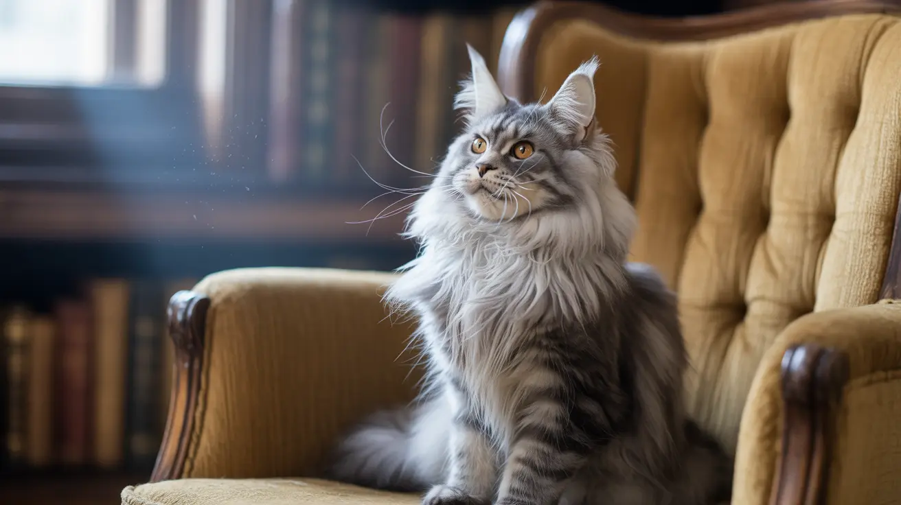 A majestic Maine Coon cat sitting elegantly on a vintage upholstered chair