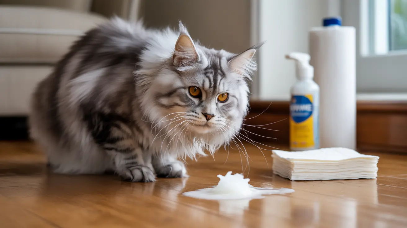 A fluffy silver and white Maine Coon cat sitting next to a spilled liquid on a wooden floor