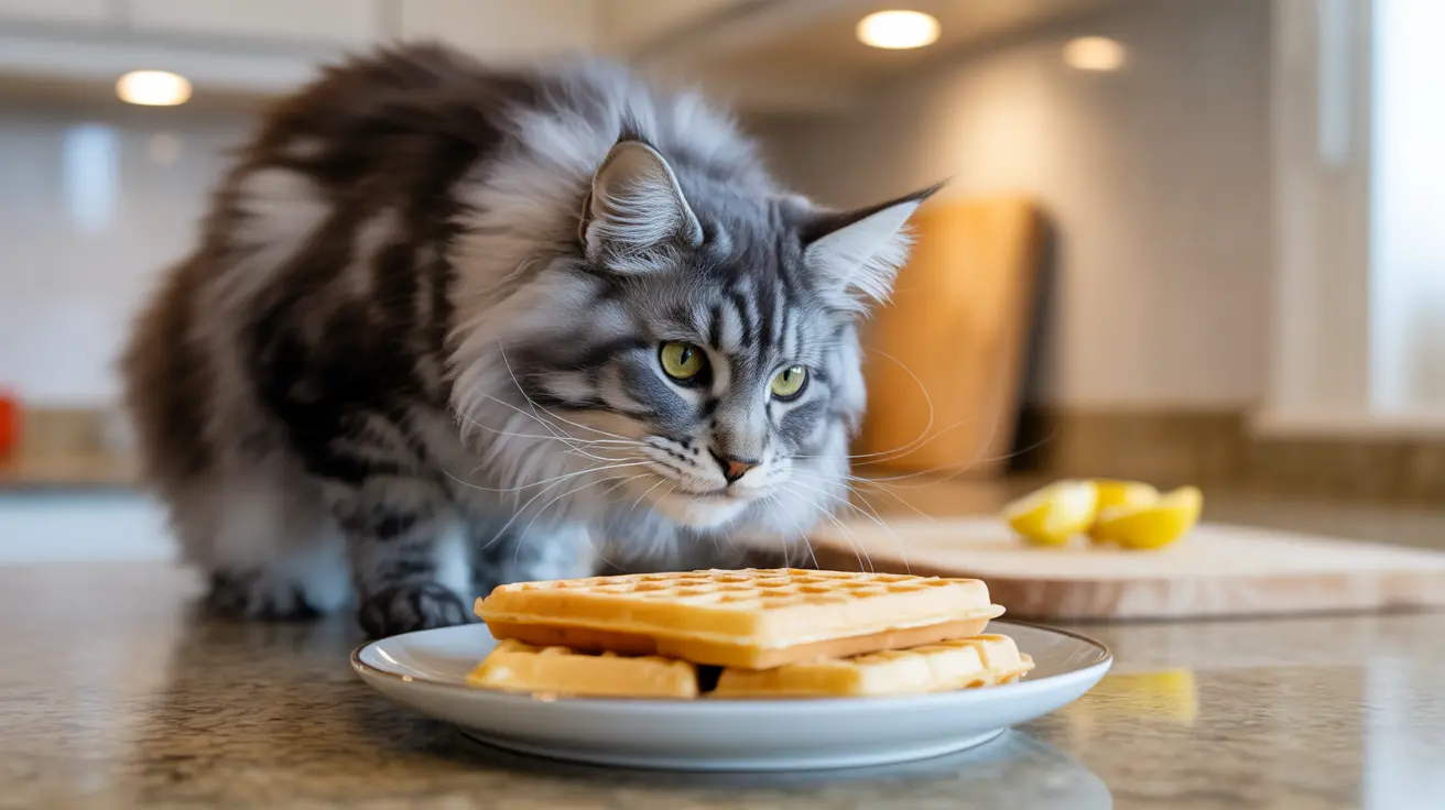 A fluffy gray and white Maine Coon cat sitting next to a plate of golden waffles in a kitchen