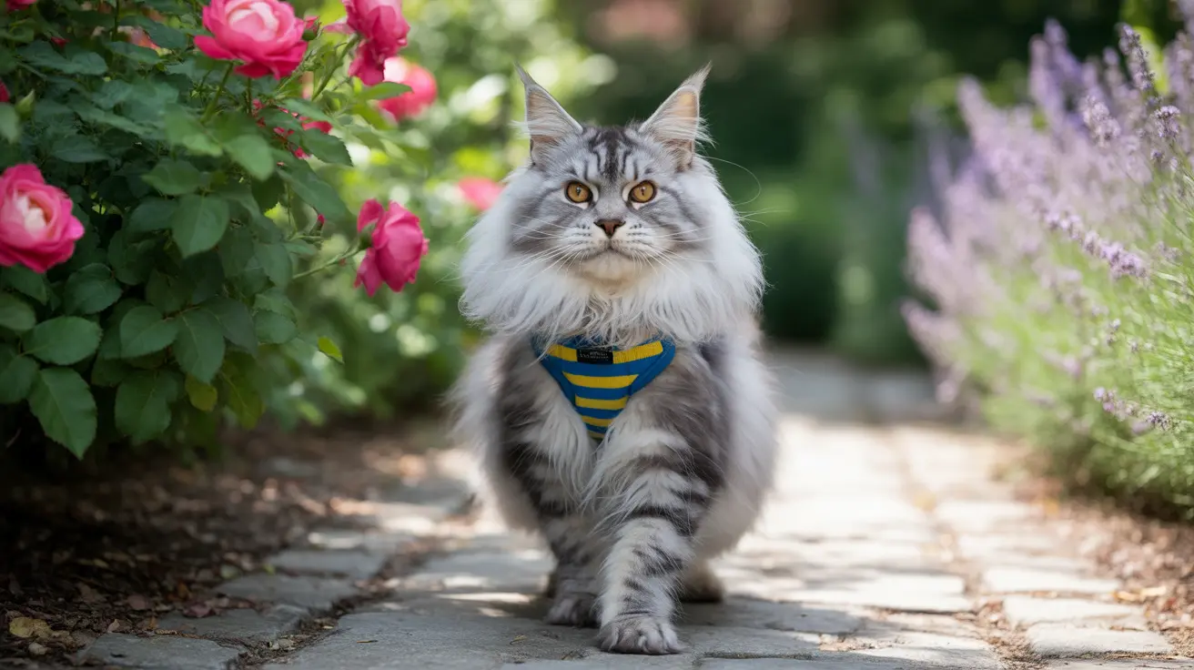 A fluffy silver and white Maine Coon cat wearing a blue and yellow striped harness, walking on a stone path in a garden