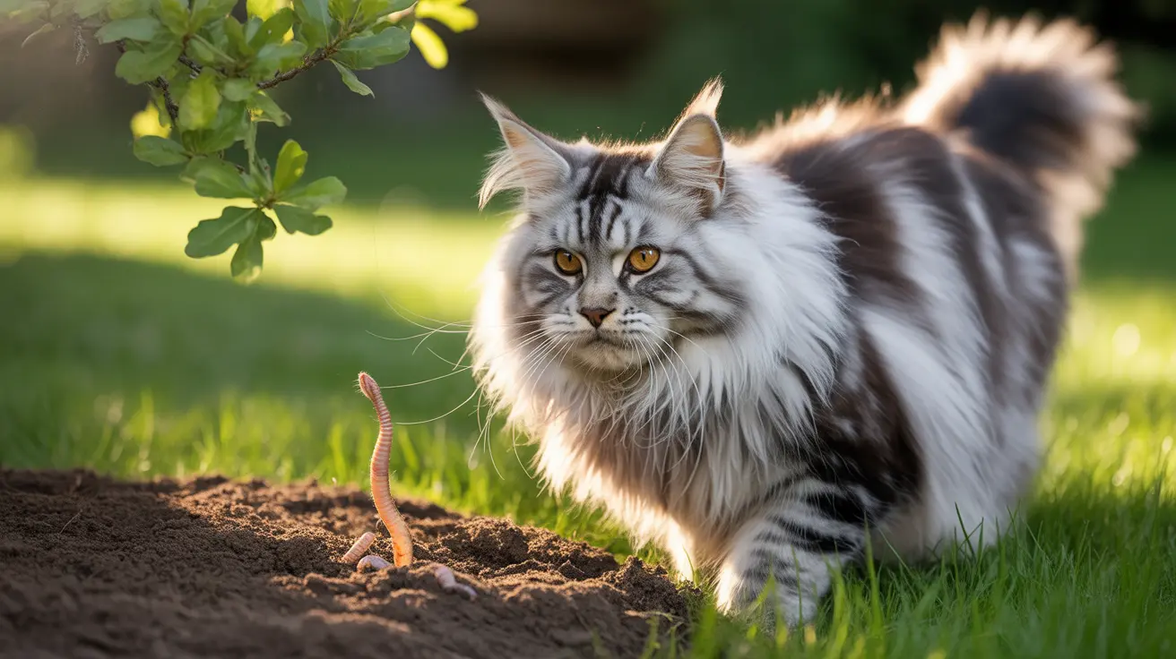 Maine Coon cat with amber eyes watching an earthworm emerging from garden soil