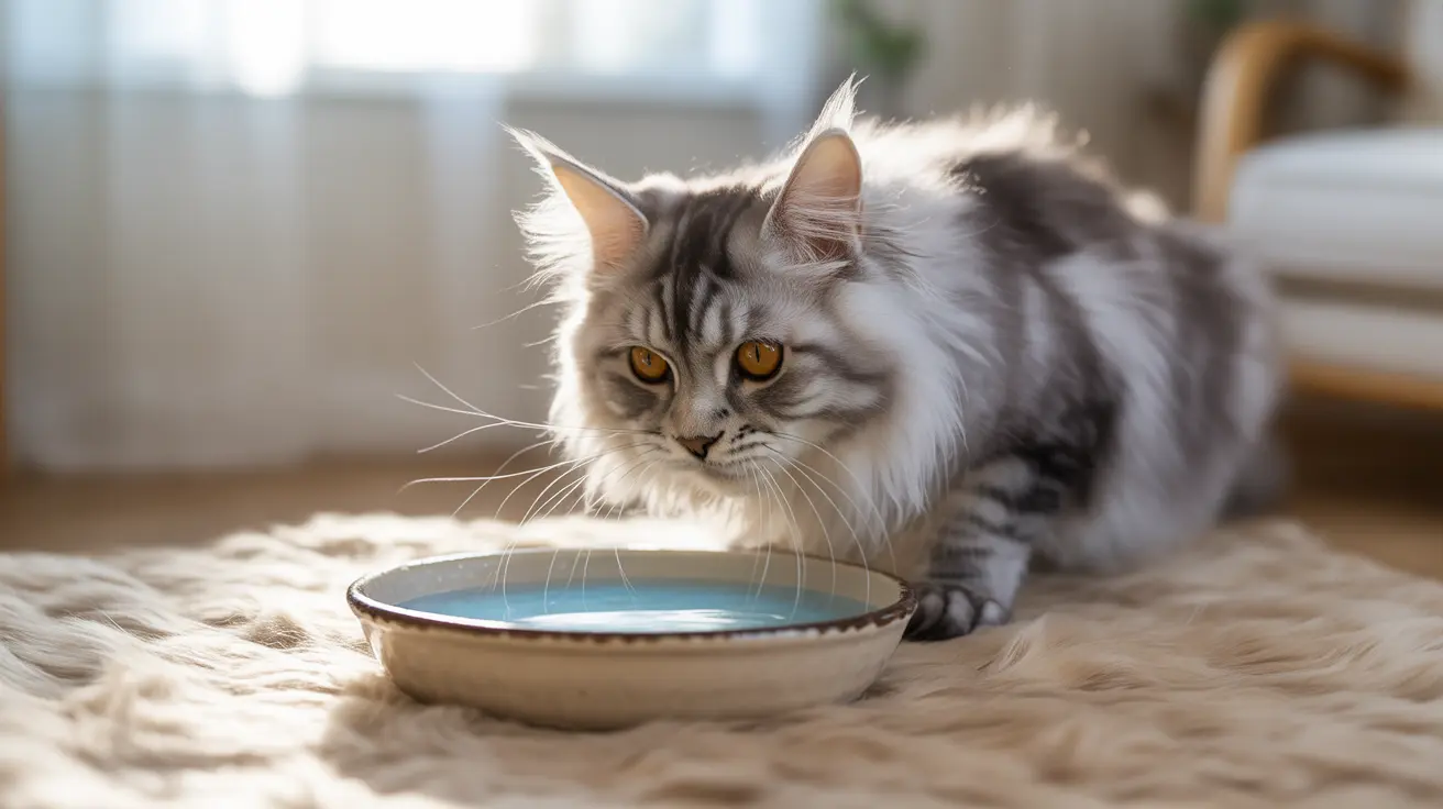 柔らかいラグの上で水の器のそばに座っている威厳のあるメインクーンの猫